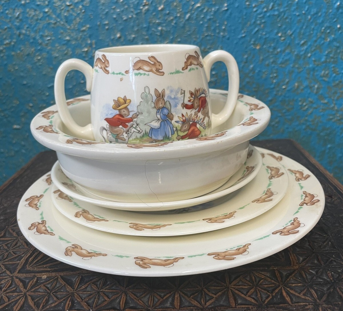 Bunnykins Five Piece Dinner Set Royal Doulton Cup Bowl Plates