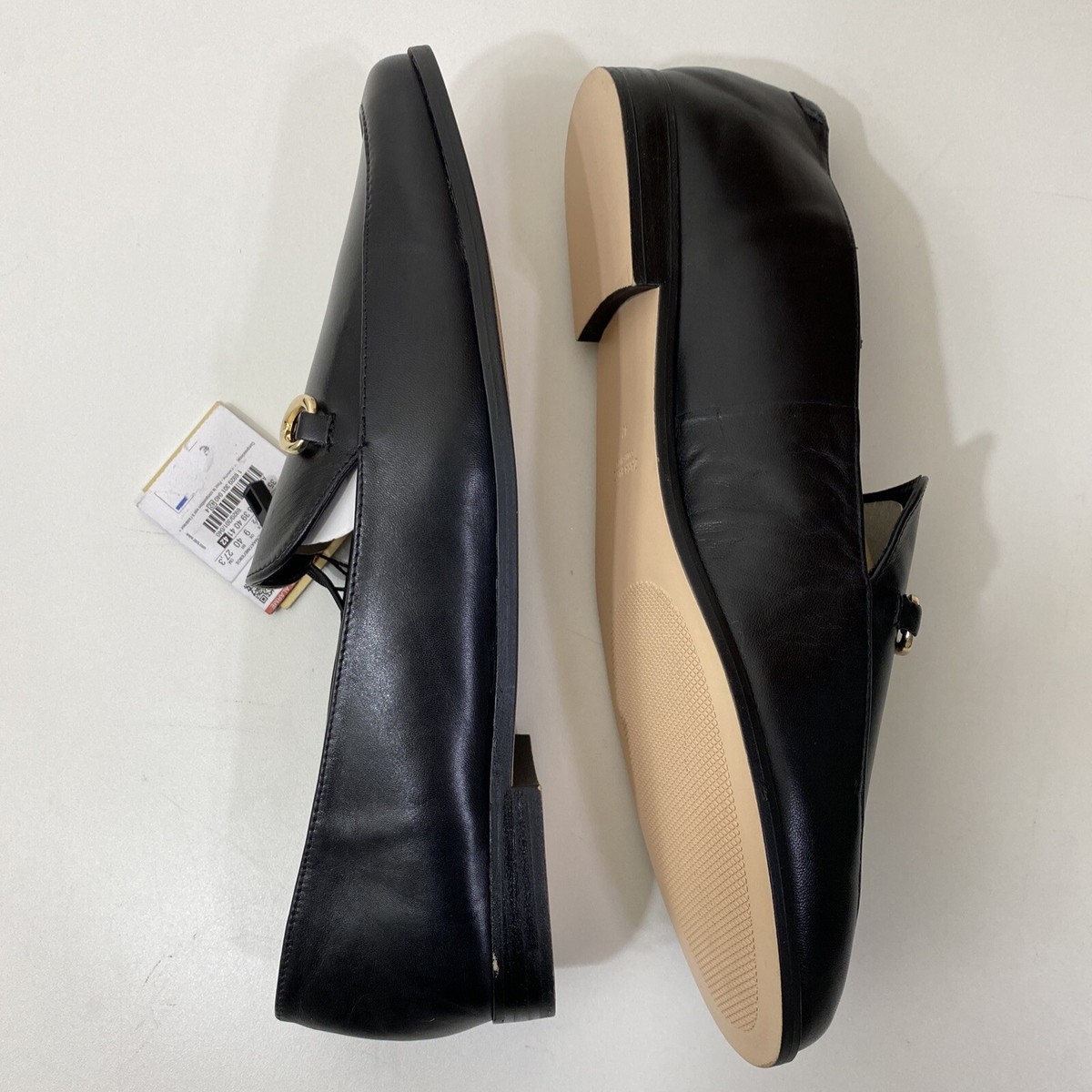 Zara Black Leather Gold Chain Slip On Loafer Shoes Flats