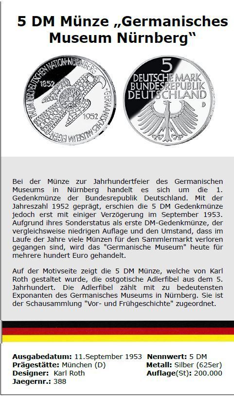 44 Stück Selfmade-Flyer zu den 5 DM Gedenkmünzen aus 1952 bis 1986 Euro