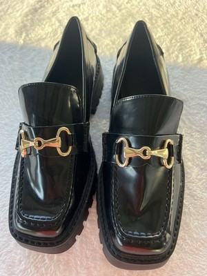 Open Edit Women's Black Loafers Chunky Lug Sole Slip On Shoes 8M Buckle Shiny
