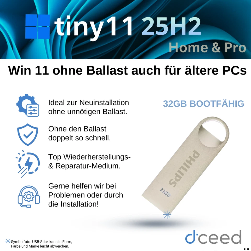 MARKENLOS Windows 11 Tiny11 25H2 Pro Home Boot Stick 32GB Neuinstallation Datenrettung TPM
