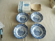 Staffordshire Liberty Blue Ironstone (4) 6 1/2" Cereal Bowls with Box        LBT