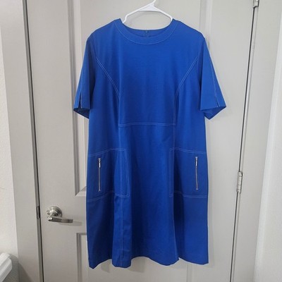 Ming Wang Womens XL Royal Blue Contrast Stitch Zipper Pocket Shift Dress