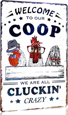 Funny Chicken Metal Tin Sign Coop Decor 12Wx8L, white 
