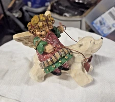 Angel Riding Polar Bear Heart Necklace Christmas Figurine Resin Folk art Country