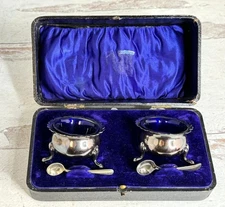 Vintage C&S Cameron & Son Kilmarnock EPNS & Cobalt Glass Salt Cellar Set