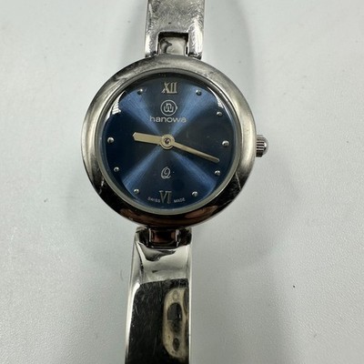 Hanowa Watch Women Silver Tone Blue Dial Bangle Band New Battery 6 Inch