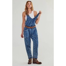 Free People We The Free Blue Cotton High Roller Harem Denim Jumpsuit Sz XS