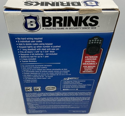 BRINKS Digital Deadbolt Electronic Keypad Tuscan Bronze 2780-150 NEW org box - Picture 5 of 10