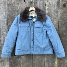 Vintage 70s Woolrich Faux Fur Collar Wool Flannel Lined Sky Blue Bomber Jacket L