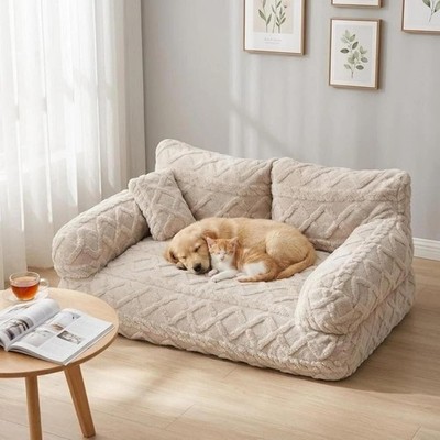 Plush Calming Dog Cat Sofa Bed,Pet Sofa Extra Large,Plush for Indoor,Raised Rim,