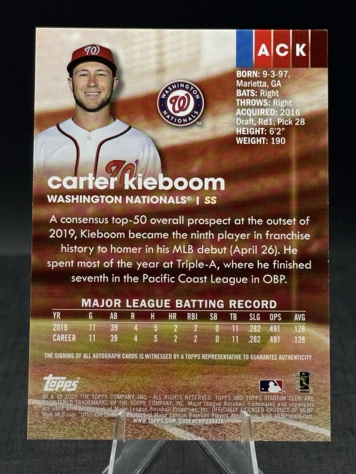 2020 Topps Stadium Club Autograph #ACK Carter Kieboom Auto Washington Nationals - Image 2 of 2