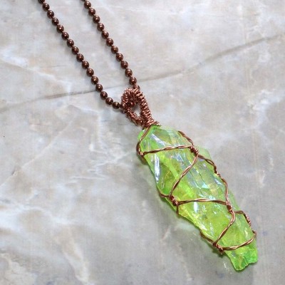 Copper Wire-Wrapped Lime Titanium Aura Quartz Necklace 18'' Most Beautiful JW