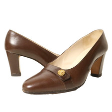CHANEL Coco Mark Lambskin Leather Pumps Brown Gold Almond Toe Size US5.5 EU35.5