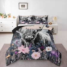 Highland Cow Flower Comforter Set Queen Size Bull Cattle Smoky Mountain Beddi...