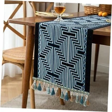 HOMMES Rustic Linen Table Runner Elegant blue lines 13"X72"(4-6 Seats)