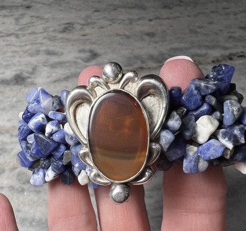 Artisan Made Natural Sodalite Stretch Bracelet, Sterling Silver/Agate - Picture 6 of 7