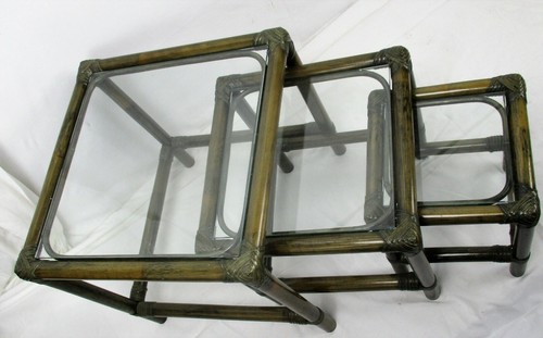 Set of 3 Vintage Nesting Coffee Side Tables Faux Bamboo Rattan Lounge - Picture 6 of 7
