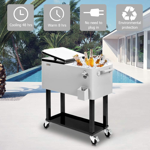 80 Quart Rolling Ice Chest, Portable Patio Party Bar Drink Cooler Cart, with She - Picture 3 of 6