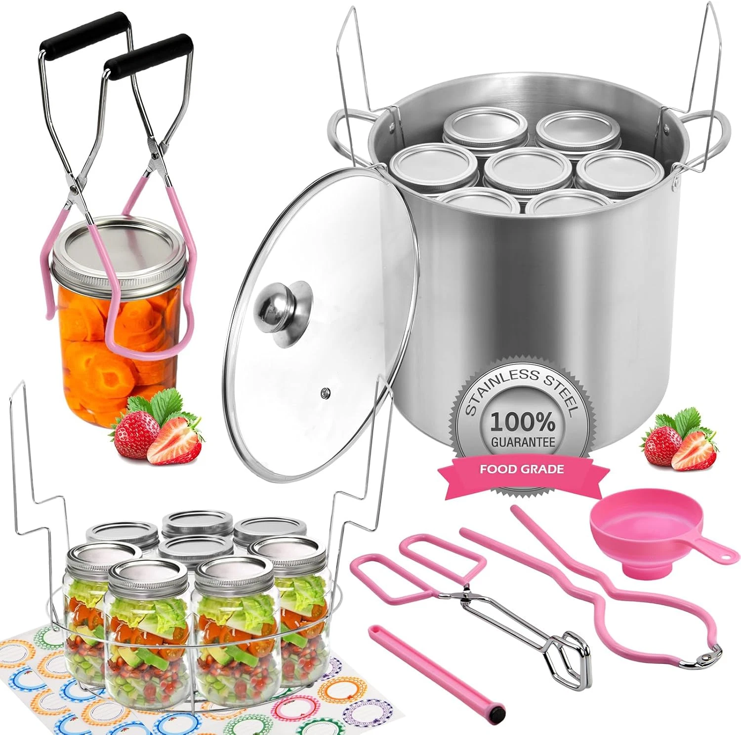Pink Canning Pot Set - 21.5 Qt Stainless Steel with Rack & Full Accessories