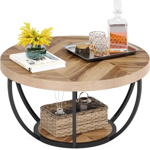 Wooden Round Coffee Table, Rustic 2-Tier Wooden Center Table w/ Storage Shelves - Picture 3 of 7