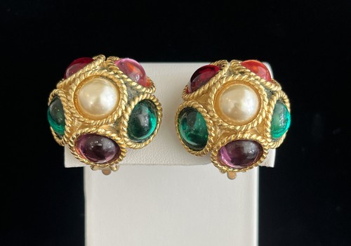 Nat Landau Hyman Ohrring Clip On Goldton mehrfarbig Cabochons und Kunstperle - Bild 6 von 11