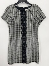 Eliza J Dress Womens 12 Black Plaid Lace Front Detail Fringed Trim Sheath Career