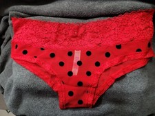 NIP Victoria's Secret PINK Vtg X Low M Red Blk Dot Mesh Cheekster Panties SMOOTH