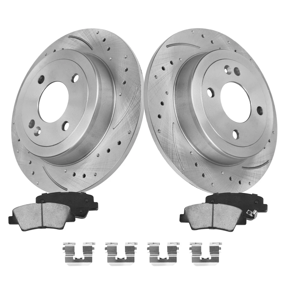 Front & Rear Drilled Rotors Brake Pads for 2012-2017 Hyundai Accent Kia Rio 1.6L Foto 3 de 4
