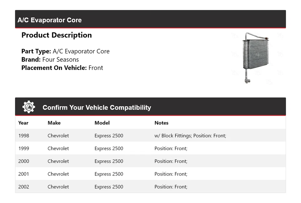 Para Chevrolet Express 2500 1998-2002 aire acondicionado núcleo evaporador delantero 4 estaciones 1999 Foto 2 de 4