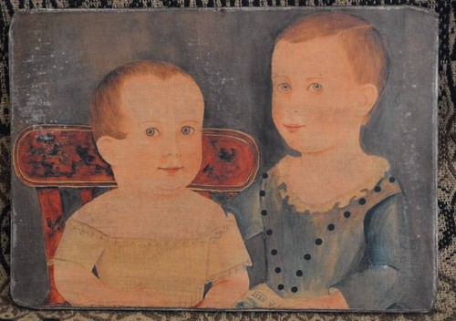 Handgefertigter primitiver Volkskunst zwei Kinder Druck auf Leinwand 8 x 10 Zoll - Bild 2 von 3