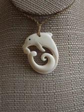 Hawaiian Buffalo Bone Dolphin Pendant Necklace Choker Hand Carved Dolphin & Wave