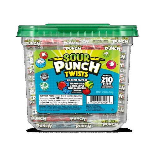 New Sour Punch Twists, Assorted 3" Individually Wrapped Candy, 2.59lb Jar - Picture 1 of 7