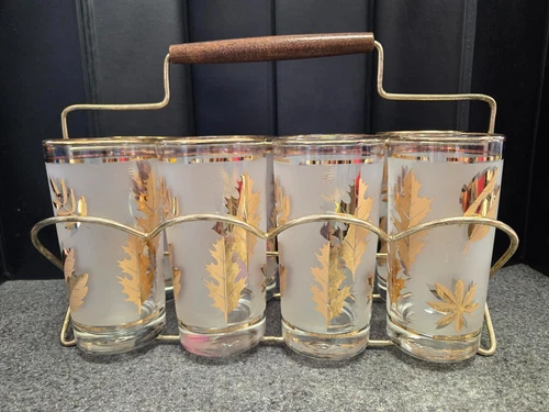 Libbey MCM Frosted Gold Leaf High Ball Glasses Bar Ware Set of 8 Original Caddy