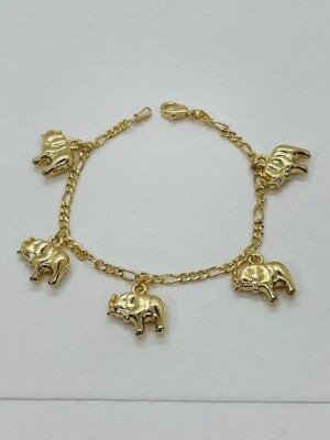 14K GOLD PLATED BRACELET INCH FIGARO CHAIN W/ PUFFED ELEPHANT CHARMS  SB14