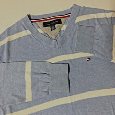Tommy Hilfiger Men's Sweater Large Blue  white V Neck Pullover Cotton Modal