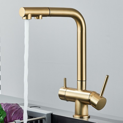 Rubinetto cucina 3 vie filtro acqua estensibile con doccetta rubinetto acqua potabile oro - Foto 3 di 12