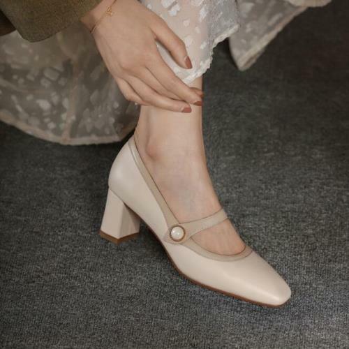 Zapatos Mary Jane con correa al tobillo para mujer estilo vintage cuero dos colores tacón bloque - Imagen 2 de 14