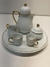 Vtg. White, Gold Trim Braum Bros. Mini Porcelain Tea Set with Tray