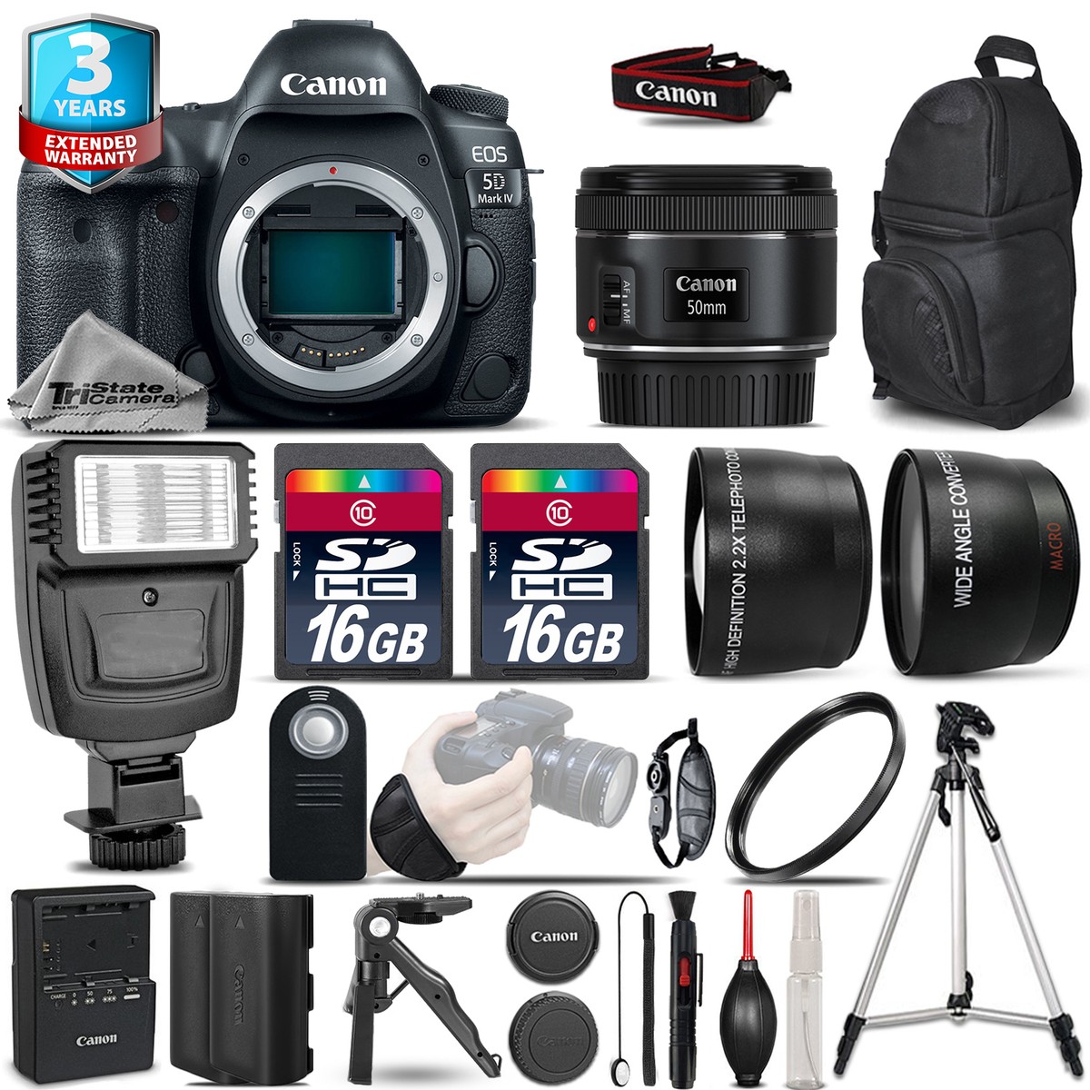 Canon EOS 5D Mark IV Camera 50mm Lens Kit Flash EXT BAT