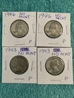 Lot of 4 Silver Washington Quarters (1943 & 1946) No Mint Mark