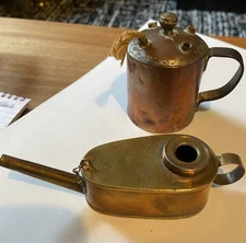 2 Antique Whale Oil Lamps. Copper Brass. Finger Handles.