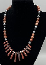 Vintage Jasper Hematite Statement Necklace Stone Bar Beads 44cm