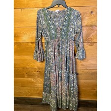 Boemo Anthropologies Boho Floral Lace Up Tiered Maxi Dress Bell Sleeve PM Cottag