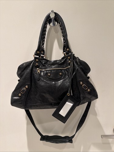 Balenciaga Medium Black City Leather Shoulder Bag with Gold Hardware Authentic