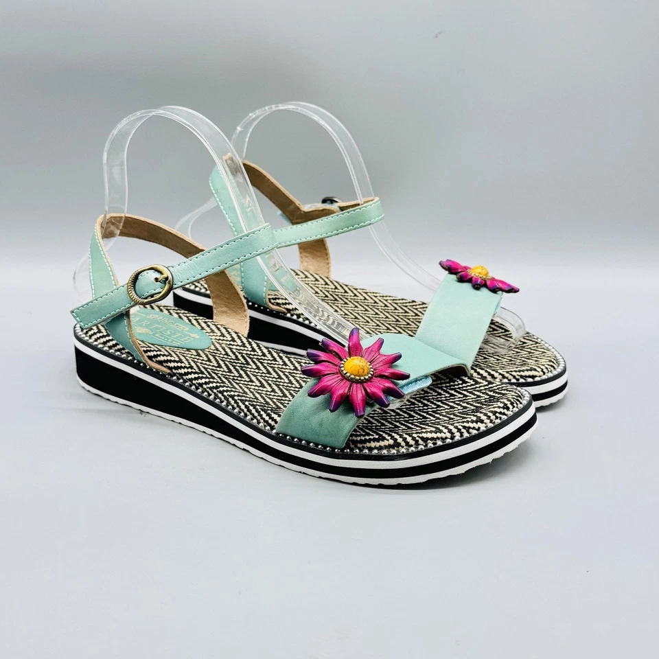 L'Artiste Spring Step Sandal Women 10 Blue Leather Floral TILTON SKY Ankle Strap - Image 2 of 4