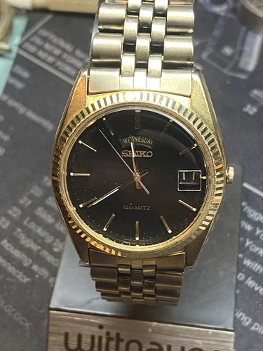 Mens Black Dial Seiko Day Date At 1200 Gold Vintage Dress Watch With Jubilee Ban