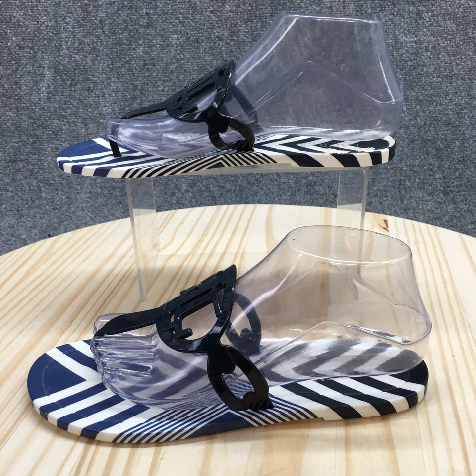 Sandalias planas informales Lauren Ralph Lauren para mujer 8R Audrie tanga azules a rayas NUEVAS Foto 2 de 4