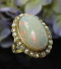 Edwardian Opal Rose Diamond Pearl Halo Cocktail Ring 18K Gold Antique Estate