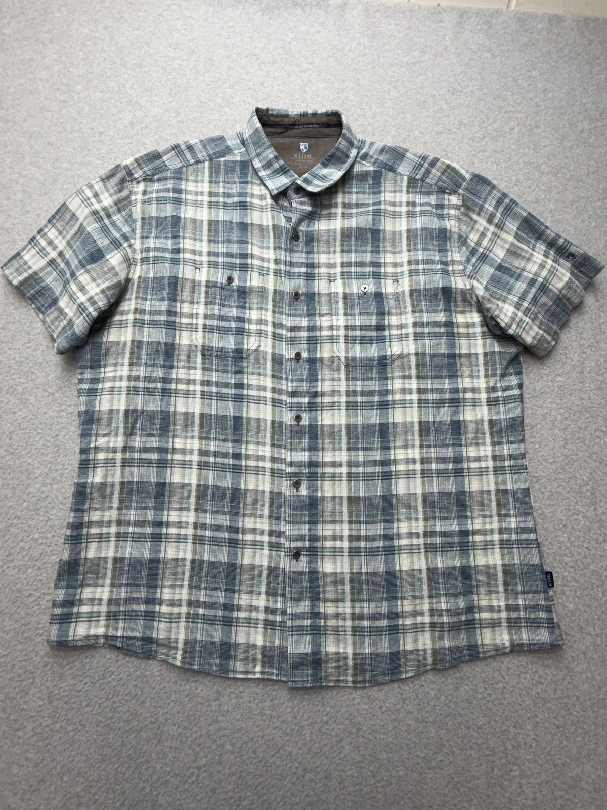 Kuhl Shirt Mens 2XL Blue Plaid Linen Short Sleeve Button Front Casual Hiking